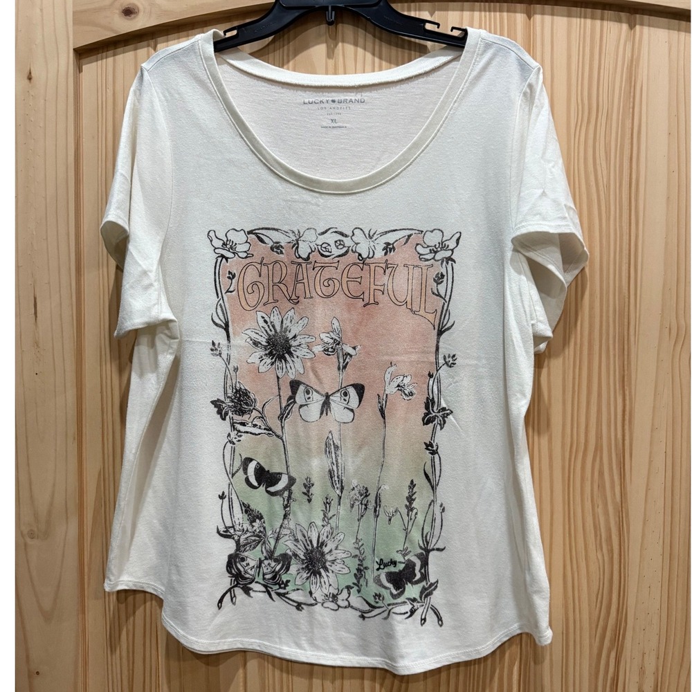 Lucky Brand Grateful Graphic Tee Floral Butterfly Cream Scoop Neck XL